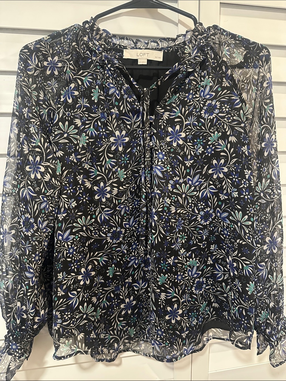 LOFT Black Floral Sheer Long-Sleeve Top with Blue & Teal Accents
